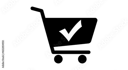 Vector art of a black shopping cart icon with a white checkmark inside, signifying a confirmed purchase or successful transaction, isolated on a white background