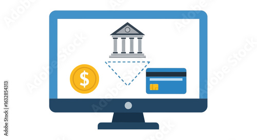 Vector art of a computer screen displays a bank building icon, a gold coin with a dollar sign, and a credit card, representing online banking and digital finance