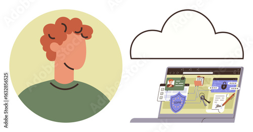 Person with laptop screen displaying security icons, cloud, privacy shield, and lock. Ideal for concepts thumbs up cybersecurity, data protection, online safety, tech awareness, cloud storage