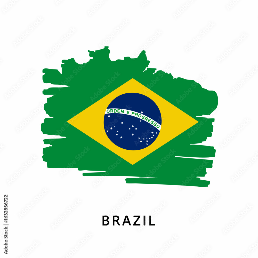 Fototapeta premium Brazil flag in brush stroke style represents Brazil, showcasing national identity and cultural emblem. Country's Brazil flag design emphasizes patriotism and heritage.