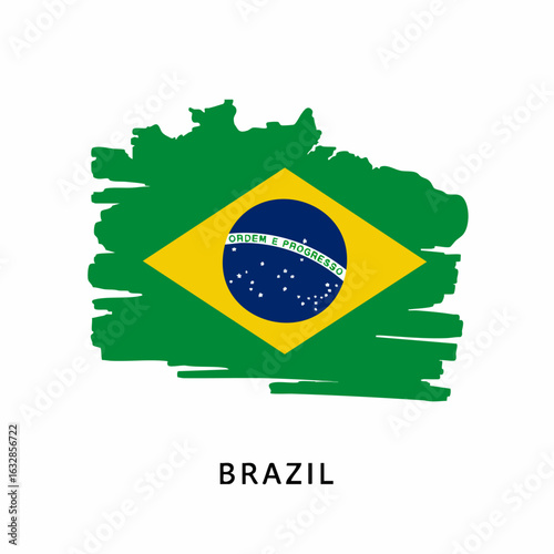 Brazil flag in brush stroke style represents Brazil, showcasing national identity and cultural emblem. Country's Brazil flag design emphasizes patriotism and heritage.
