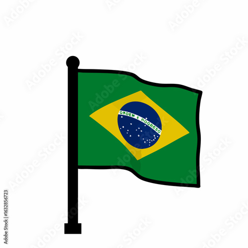 Waving Brazil flag on pole for patriotic visuals, celebrating Brazilian culture. Brazil flag displayed proudly, symbolizing national identity and heritage on white background.