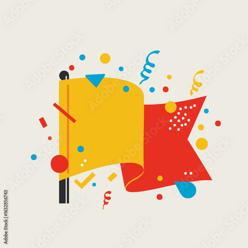 Abstract flag with festive confetti and streamers on neutral background. Abstract flag represents celebration with geometric shapes scattered around, creating vibrant celebratory theme.
