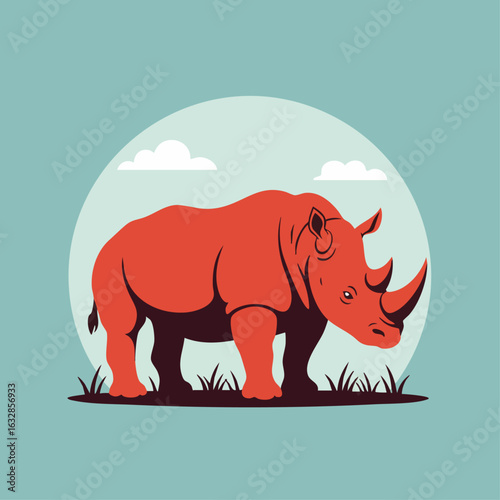 Detailed rhinoceros illustration showcases simple design with animal in front of abstract background. Rhinoceros illustration is appealing to audience and shows animal in creative and modern manner.