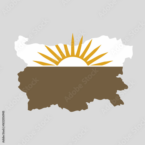 Abstract sunny graphic of Bulgaria's country outline creates a striking minimalist image. Sunny graphic is half white and half brown with golden rising sun over horizon, depicting warmth and optimism.