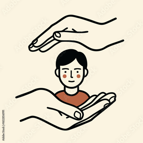 Caring hands protect child, a symbol of support and love, showing safeguarding. Caring hands nurture, creating safe environment, demonstrate parental guidance. Concept caring hands represent safety,