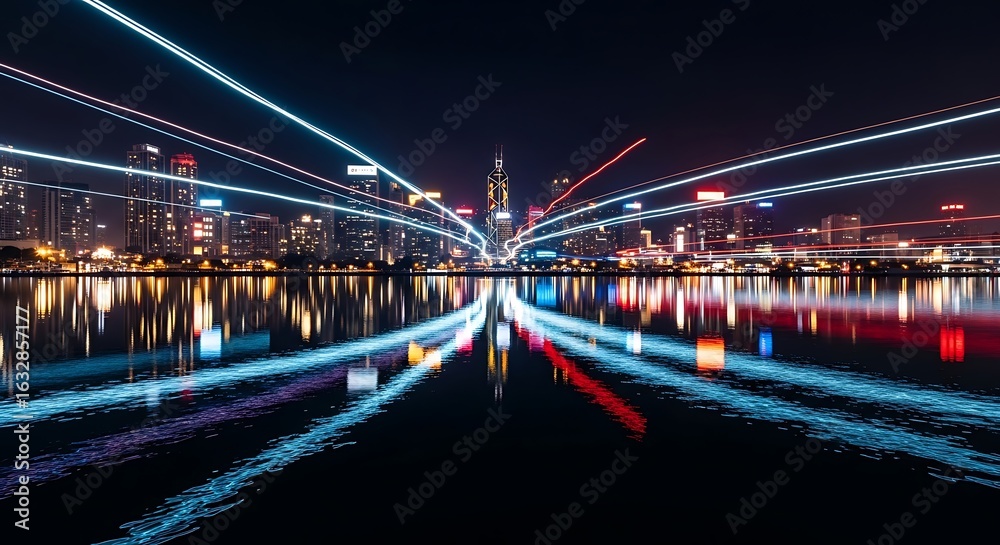 Obraz premium Dazzling long exposure light trails streak across the still water reflecting a vibrant metropolitan city skyline at night with illuminated skyscrapers.