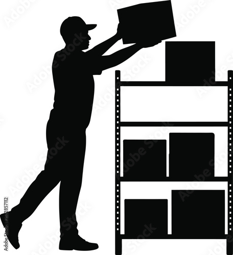 Warehouse Worker Placing Box on Shelf Silhouette Vector Illustration