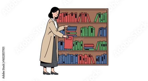 An illustration of a woman in a long coat standing by a bookshelf and selecting a red book.