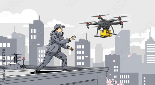 A courier on a city rooftop launches a large delivery drone carrying a yellow package.