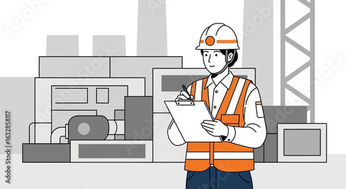 Construction worker taking notes in a factory setting.