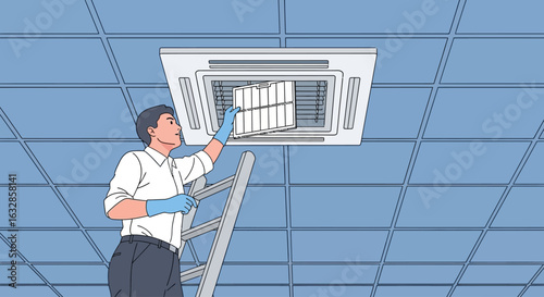 A worker on a ladder cleaning and maintaining an air conditioning unit installed on the ceiling.