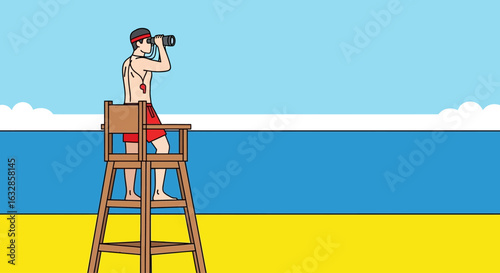 A lifeguard on duty scans the ocean with binoculars from a high wooden chair, watching the beach.