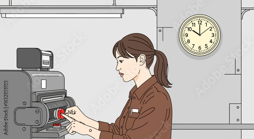 A woman in a brown uniform operates machinery, focusing on a button, near a clock.