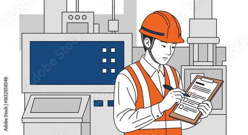 A factory worker in a hard hat and safety vest inspects machinery while filling out a checklist on a clipboard.