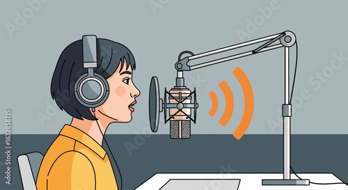 A woman wearing headphones speaks into a professional microphone on an adjustable stand, with sound waves emanating from the microphone, suggesting broadcasting or recording.