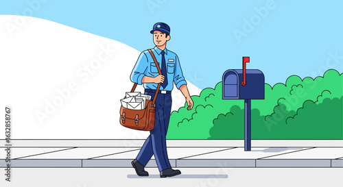 A friendly mail carrier walks along a sidewalk carrying a full mailbag, approaching a blue mailbox.