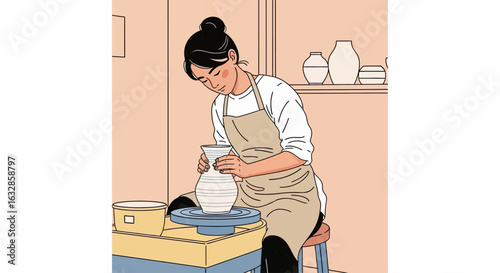 An artist meticulously shaping a ceramic vase on a spinning potter's wheel in a creative studio environment.