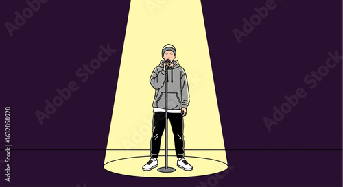 Solo singer illuminated on stage, microphone in hand, spotlight performance.