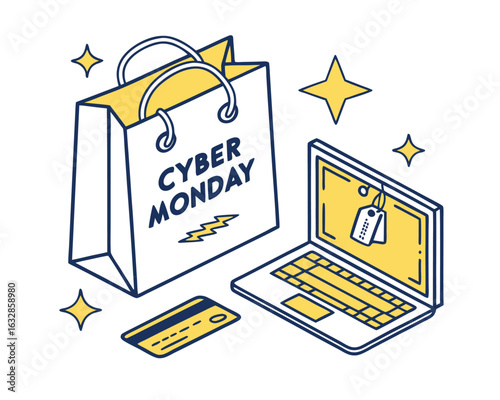Isometric Cyber Monday Illustration with Shopping Bag Laptop and Credit Card for Online Sales