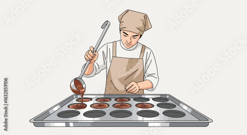Confectioner carefully pouring chocolate into molds, creating sweet treats.