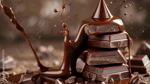 Delectable Chocolate Deluge: A stack of dark chocolate pieces is enveloped in a captivating flow of molten chocolate, accompanied by an array of delectable bits, making an appealing visual delight.