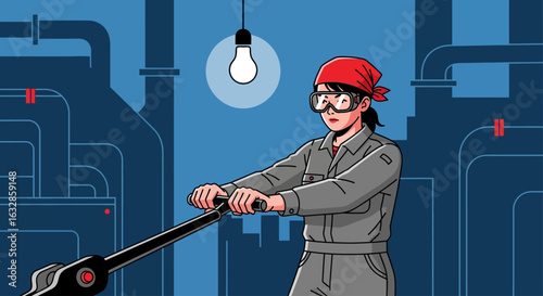 An illustrated female worker in safety goggles and a red bandana operates industrial machinery under a glowing light bulb.