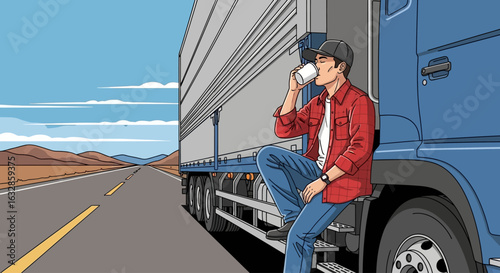 A male truck driver takes a refreshing coffee break, leaning against his large blue semi-truck on a long, empty desert highway.
