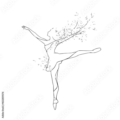 Line art of a ballerina in a pose with tree branches and leaves around her, on a white background