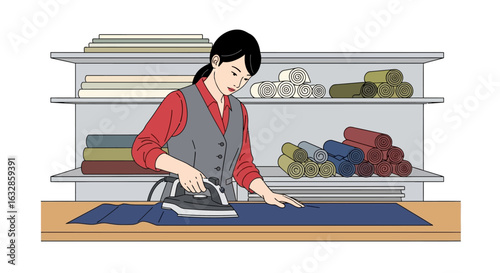 A female tailor irons a piece of blue fabric on a workbench in a workshop filled with textile rolls.