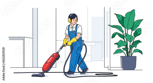 A cleaning professional vacuums a floor, wearing protective gear, in a modern indoor space.
