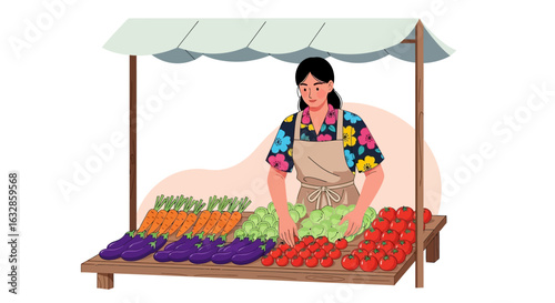A woman in an apron arranges fresh vegetables like tomatoes, eggplants, and carrots at an outdoor farmers' market stall.