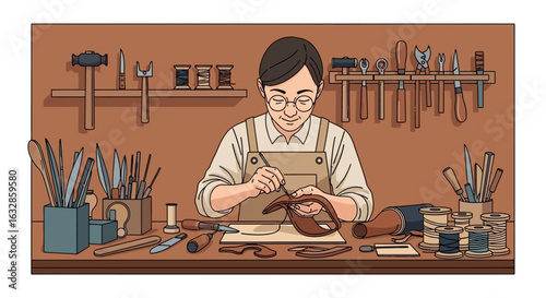 An illustration of a focused artisan in an apron hand-stitching a leather piece at a workbench filled with various traditional crafting tools in a workshop.