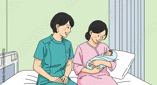 Illustration of a new mother holding her newborn baby while a nurse smiles beside her in a hospital room.
