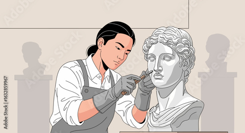 Sculptor meticulously refines a classical bust, showcasing artistic precision and dedication.