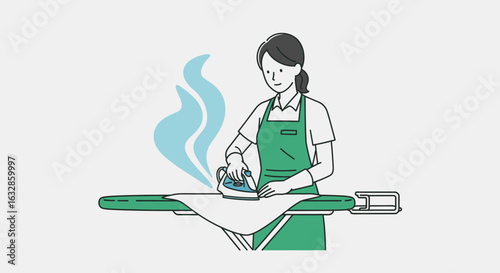 Woman ironing clothes on an ironing board, steam rising, household chore.