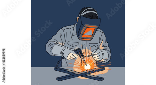 A welder meticulously welds metal framework, sparks flying, safety gear worn.