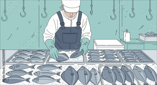 An illustration of a worker in a fish processing plant sorting fresh fish on ice-filled trays.