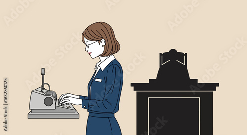 A female court reporter types on a stenotype machine in a courtroom setting.