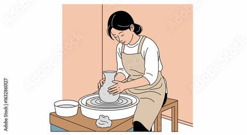 A focused woman in an apron skillfully molds a clay vase on a spinning potter's wheel in a workshop.