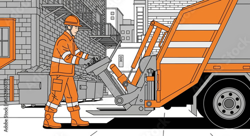 Urban sanitation worker operating a garbage truck in a city street.