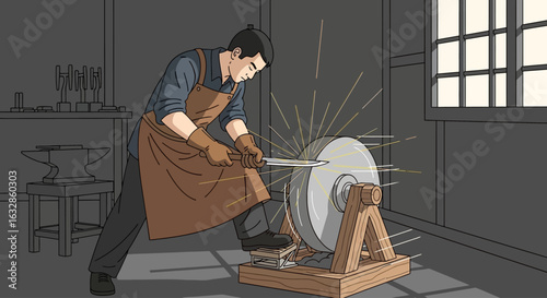 A craftsman meticulously sharpening a blade on a grinding wheel in a traditional workshop.