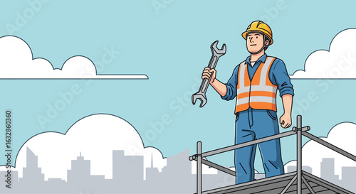Construction worker on scaffolding, holding wrench, cityscape background.