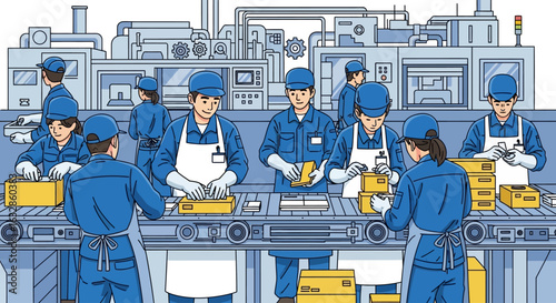 Factory workers assemble and package products on a production line.