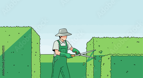 A gardener in green overalls and a hat trims a large hedge with shears.