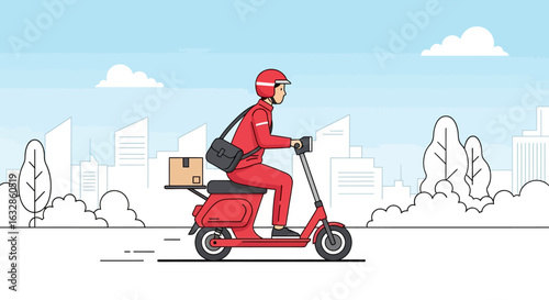 A delivery person in a red uniform rides an electric scooter through a city to deliver a package.