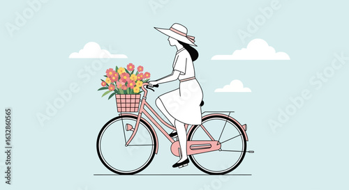 A woman in a white dress and sun hat rides a pink bicycle with a basket of colorful flowers.