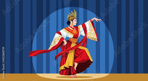 A graceful dancer in traditional attire performs under a spotlight on a stage.