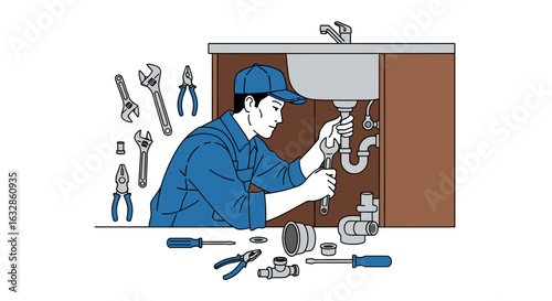 A plumber in a blue uniform is repairing the pipes under a sink with a wrench, surrounded by tools, in a cartoon style illustration.