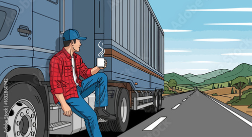 A male truck driver in a cap and plaid shirt takes a break, sitting on his large blue semi-truck and enjoying a steaming cup while looking down a long, open highway.